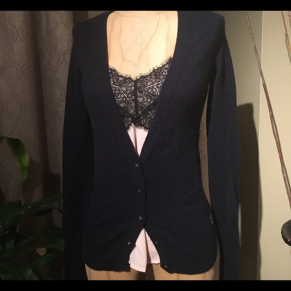 GUC Ruehl No.925 Navy Blue Cashmere Wool Blend V-Neck Cardigan Sweater Size XS - Picture 2 of 8